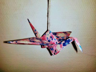 Hanging by a thread. Even though the origami will never beat gravity, it has wings when I don't, so it can hope to fly when I can't.

#origami #bird #colorful #string